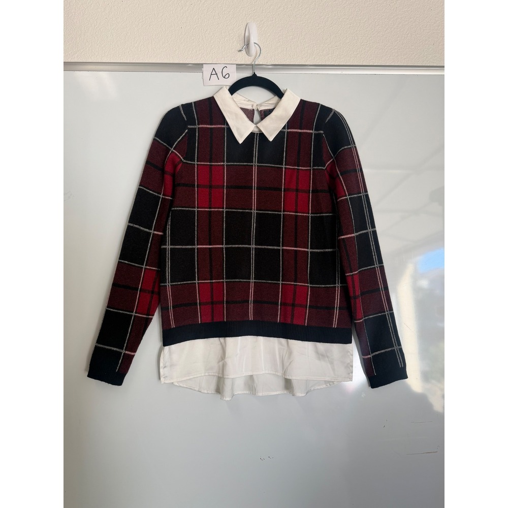 Tahari Red Black Plaid Layered Look Collared Sweater Small Preppy Keyhole Back